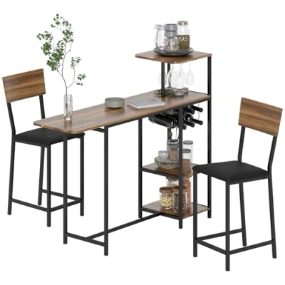 Afbeelding van HOMCOM Bartisch mit Barhocker Set, 3 tlg. Set Klappbar Küchentisch, Weinglashalter Ablage, 2 Barstühlen, im Modern Stil, Essgruppe für Esszimmer, Küche, Stahl, Braun