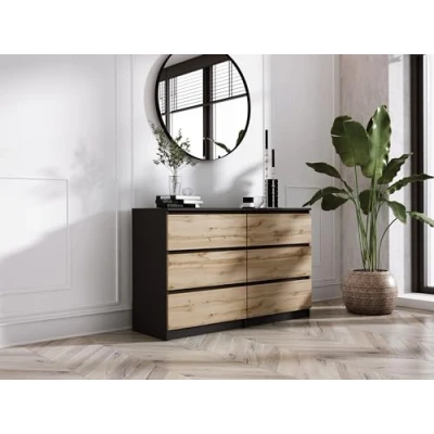 Afbeelding van Ladekast met 6 laden, zwart &amp; eiken Wotan, L: 120 cm, H: 79 D: 39 kast, slaapkamer, volwassenen en kinderen, dressoir woonkamer, commode, opbergmeubel, slaapkamer