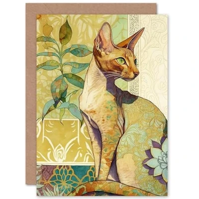 Afbeelding van Artery8 Oriental Shorthair Cat with Art Nouveau Botanical Patterns Colourful Watercolour Illustration Birthday Sealed Greeting Card Plus Envelope Blank inside