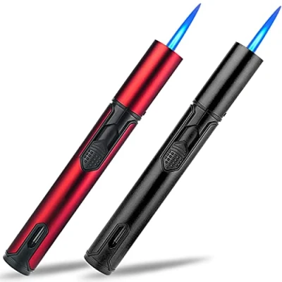 Afbeelding van Yeuligo 2 pack gasaansteker, 6 inch navulbare straalaansteker met zichtbaar venster, verstelbare vlam butaanzaklamp voor kaarsbakken, BBQ, crème brulee (verkocht zonder gas) (rood en zwart)