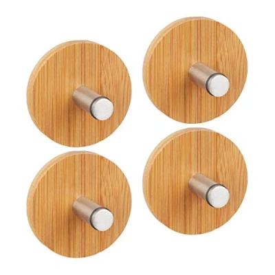Afbeelding van Relaxdays plakhaakjes set van 4 stuks ophanghaken zelfklevend edelstaal bamboe