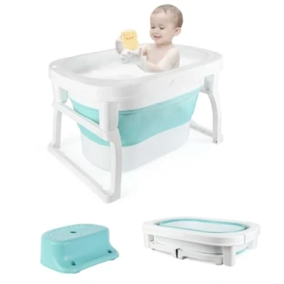Afbeelding van OHMG Opvouwbare babybadkuip voor baby&#039;s, antislip, draagbaar, reisdouche, badbak pasgeborenen peuters, draagbare babybadje, babybad met afneembare krukken
