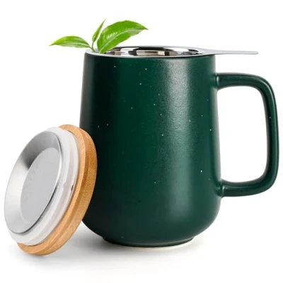 Afbeelding van Happy Lemuro Theemok met infuser en deksel 475 ml keramische mok thee ei diepe theekop groot handvat beker
