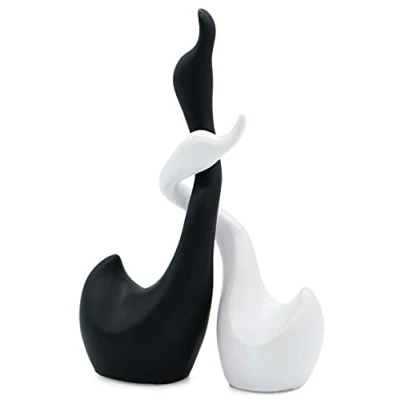 Afbeelding van Liefdevol keramisch zwanenpaar in zwart &amp; wit sculptuur set van twee zwanen decoratie figuur 23cm hoog geluk harmonie als cadeau
