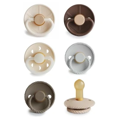 Afbeelding van FRIGG Multipack latex fopspenen, verpakking met 6 natuurlijk rubber, gemaakt in Denemarken, symmetrische speen kersenvorm, (Earthy Wonder, maat 2, 18 maanden)