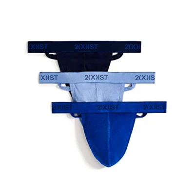 Afbeelding van 2(x) ist Heren Essential Cotton 3 Pack Y Back String Ondergoed, Marineblauw/Kobalt/Porselein, M