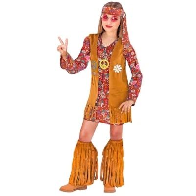 Afbeelding van Widmann Kinderkostuum hippie, jurk, vest, hoofdband, laarzen met franjes, bloemenmeisjes, themafeest, carnaval