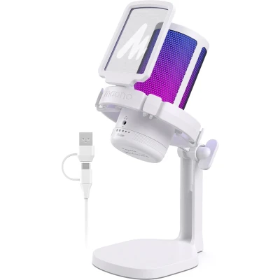 Afbeelding van Maono DGM20 Wit USB RGB Streaming Microfoon met Ruisonderdrukking Gaming Podcast Geschikt voor PS5 / PS4 PC Windows Android Touch Mute Knop Popfilter