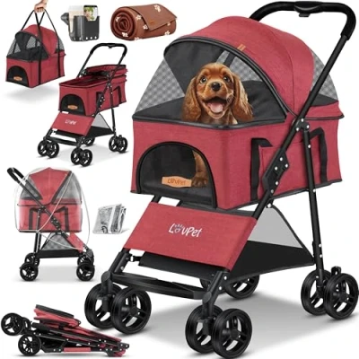 Afbeelding van LOVPET® Hondenwagen, 2 in 1 hondenbuggy, hondenbench, transporttas, opvouwbaar, tot 20 kg, huisdieren, buggy met gaasramen en regenhoes, jogger, kattenbuggy voor kleine honden katten, Rood