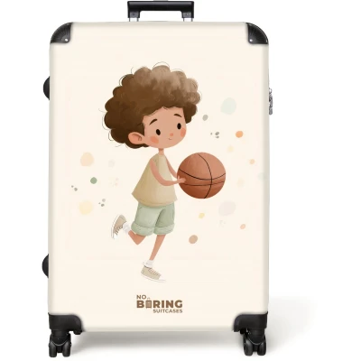 Afbeelding van NoBoringSuitcases.com® Koffer groot Reiskoffer lichtgewicht Jongen met een basketbal in beige kleuren Rolkoffer 4 wielen Grote trolley XL 98 liter bagage