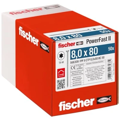 Afbeelding van Fischer PowerFast II 566309 Houtschroef 8 mm 80 Binnen T, Interne vertanding, TX, Torx, T profiel Staal Galvanisch verzinkt 50 stuk(s)