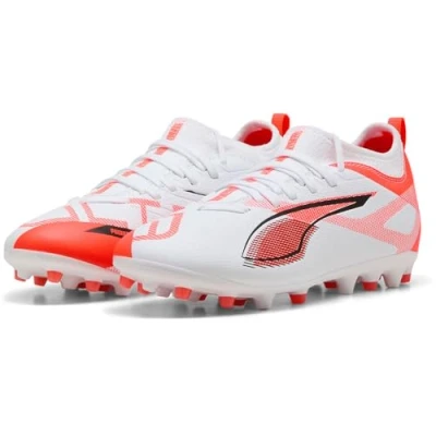Afbeelding van Puma Ultra 5 Match MG JR Unisex Voetbalschoenen met kunststof noppen voor kinderen, Maat: 33, White/black/glowing red Textiel/ synthetisch