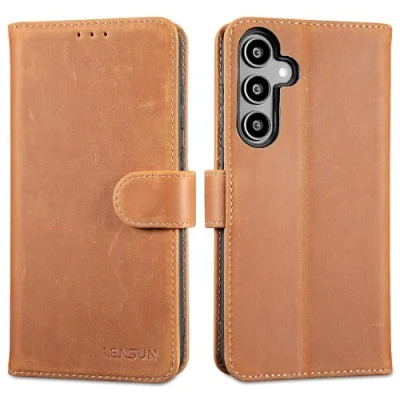 Afbeelding van Lensun Samsung Galaxy A55 Hoesje, echt lederen hoes met RFID blokkering, boek, portefeuille, magneetsluiting, flipcase, voor 5G telefoon, retro bruin