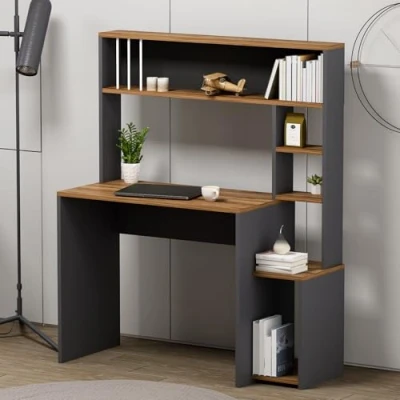 Afbeelding van HOMIDEA Olivia computerbureau, werktafel met werkbladen, deuren, modern ontwerp, kantoor, woonkamer, kinderkamer (olijfgroen, antraciet)