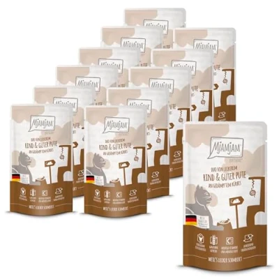 Afbeelding van MjAMjAM Premium natvoer voor katten Quetschie DUO van lekker rund &amp; goede kalkoen (hen) met gestoomde pompoen, pak 12 (12 x 125g), graanvrij extra vlees