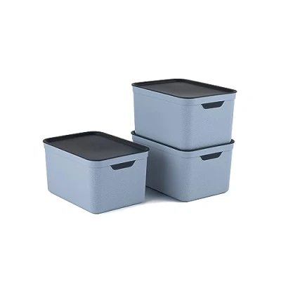 Afbeelding van Jive Dekobox Set van 3 opbergdozen 16l met deksel, Plastic (gerecycled PP), blauw/antraciet, 3x16l (37.5 x 27.8 29.8 cm)