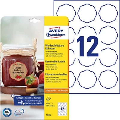 Afbeelding van AVERY Zweckform Jam etiketten Art. 5085 (120 verwijderbare stickers, 60x59,5 mm op A4, bloemenvorm, ideaal voor inmaakpotten, gebakzakjes, geschenken en zelfgemaakte producten uit de keuken)10 vellen