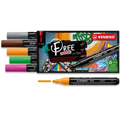 Afbeelding van STABILO FREE Acryl Marker T300 Ronde Punt 2 3 mm Set Vintage Etui Met 5 Verschillende Kleuren