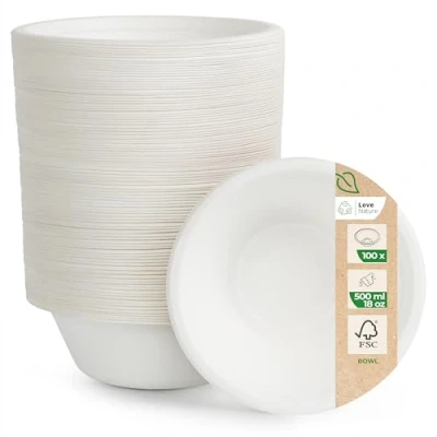 Afbeelding van Love Nature Wegwerpkom, suikerriet, 100 stuks, milieuvriendelijk, wegwerpkommen, 500 ml, biologisch afbreekbaar, robuust en