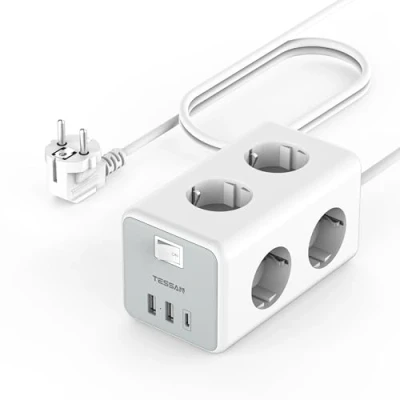 Afbeelding van TESSAN 6 voudige stekkerdoos met 3 USB, meervoudige stekker verlengkabel 5m, 9 in 1 schakelaar, verdeelstopcontact 3600W 16A, stopcontactkubus USB voor thuiskantoor