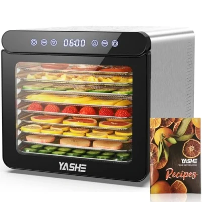 Afbeelding van YASHE Roestvrijstalen droogautomaat met digitale besturing (temperatuur tot 75 C, timer 48 uur), 9 plateaus voor groenten en fruit, ventilator aan de achterkant 360 luchtcirculatie, 800 W