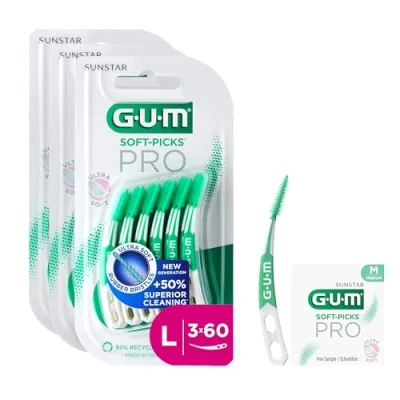 Afbeelding van GUM SOFT PICKS PRO interdentale reinigers gebogen vorm voor gemakkelijke toegang tot moeilijk bereikbare plaatsen zachte werking gevoelig tandvlees [L 3x60] (+1 gratis sample)