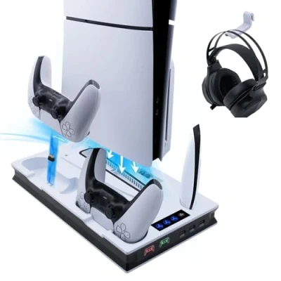 Afbeelding van Wigearss Verticaal PS5 Slim Ventilator stand koelstation met dubbele controlleroplader voor PS5/PS5 UHD/Digital Edition