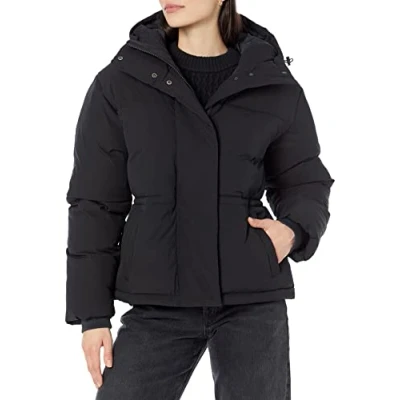 Afbeelding van Amazon Essentials Dames korte getailleerde pufferjas (verkrijgbaar in grote maten), zwart, L