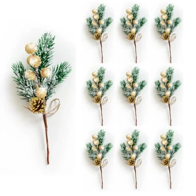 Afbeelding van RXXR 10 stuks sneeuwvlokkenbessen, kunstkerstbessen, dennenappels voor bloemstukken, doe het zelf krans, kerstboomversiering, goud