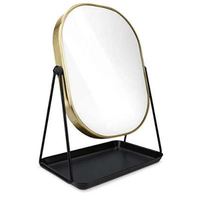 Afbeelding van Navaris make up spiegel met sieradenschaal goud Tafelspiegel zwart Staande accessoireschaalje Roterende opmaakspiegel