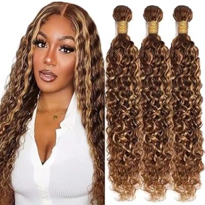 Afbeelding van Tuheerst Water Wave Human Hair Bundles Blonde Real Extensions Sew in Extension 3 P427 Highlight Double Weft Remy Low Shedding 26 Inch