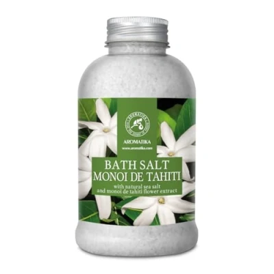 Afbeelding van Zee badzout Monoi de Tahiti 600g bad zeezout met natuurlijke kokosolie en tiare bloesems extract aromatherapie goede slaap baden ontspanning badadditief badgeur