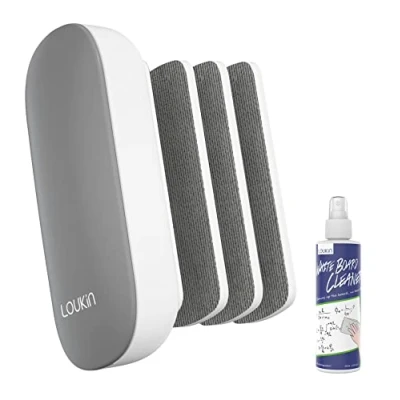 Afbeelding van loukin Vervangbare Dry Erase Eraser, Magnetische Whiteboard Eraser met 3 Vilten Pads, 4 in 1 Glas Erasers (Grijs), Inclusief 3.4 oz Cleaner
