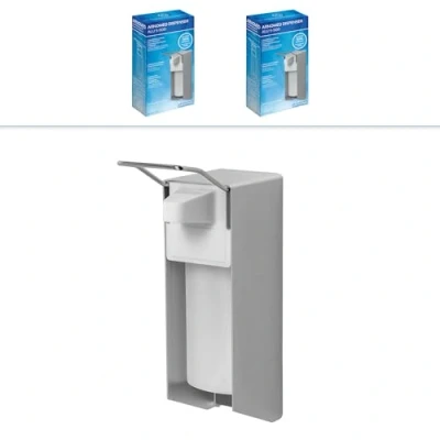 Afbeelding van ARNOMED 2x aluminium desinfectiemiddeldispenser, desinfectiemiddeldispenser voor 500 ml, dispenser met korte armhendel, zeepdispenser wandmontage, zeepdispenser, wand