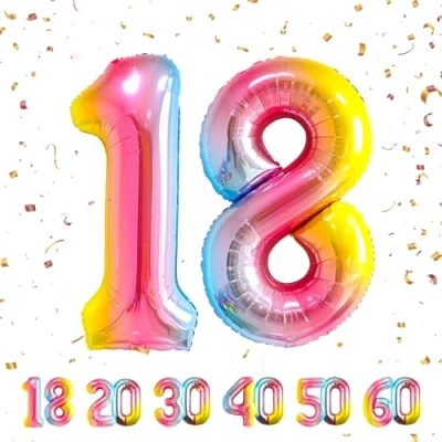 Afbeelding van Ballonnen verjaardag 18 jaar regenboog 101 cm verjaardagsdecoratie voor een man vrouw opblaasbaar cijfer van folie beige