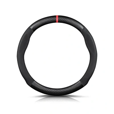 Afbeelding van Ergocar Stuurhoes, ronde vorm, koolstofvezel en microvezel, PU leder, anti slip, ademend, zweetabsorberend, sport, voor een diameter van 38 cm, zwart rood