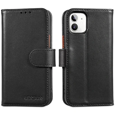 Afbeelding van Lensun Leren hoes voor iPhone 12 Mini, RFID blokkering, boek met portefeuille, magneetsluiting, flipcase, zwart
