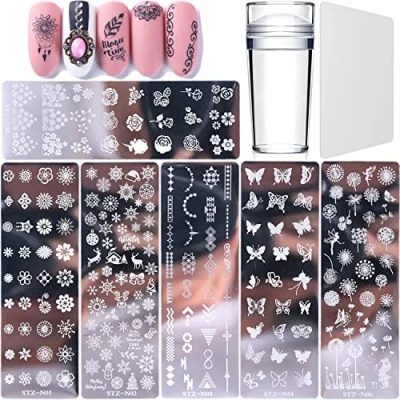 Afbeelding van nail art platen, 6 stuks sjablonen om op nagels te stempelen, met 1 x transparante stempel, schraper, tool voor vrouwen en meisjes