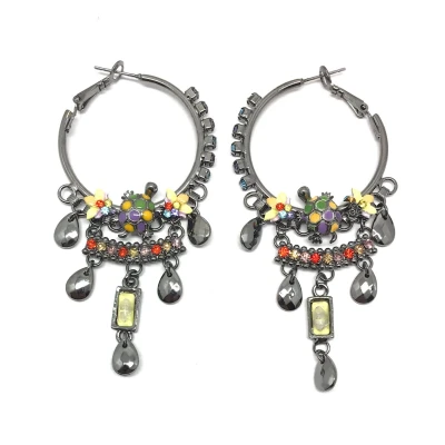 Afbeelding van Behave Oorbellen oorringen met hangers dames zilver kleur schildpad bloemetjes multi steentjes