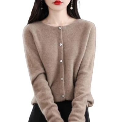 Afbeelding van TeysHa Dames kasjmier vest trui,Wollen ronde hals button down lange mouw trui, zachte warme gebreide elastische truien, camel, M