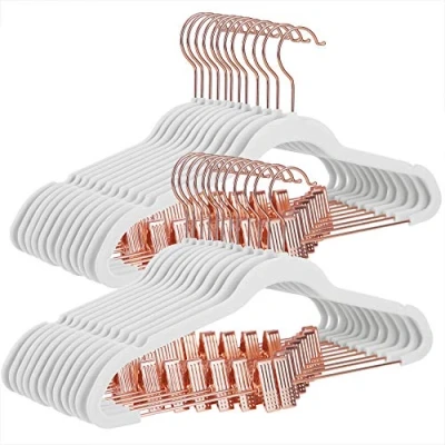 Afbeelding van SONGMICS Broekhanger, 24 stuks, 42 cm, kleerhangers met verstelbare klemmen en haken in roségoud, van antislip fluweel, ruimtebesparend, voor rokken, wit, CRF014W01, standaard
