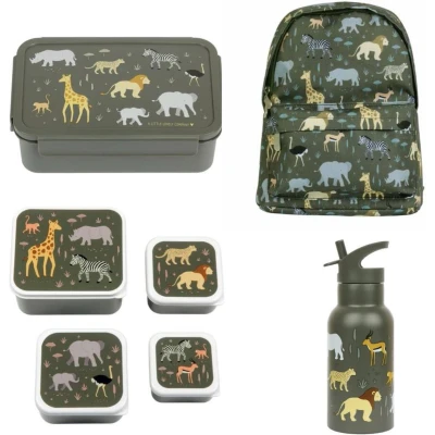 Afbeelding van A Little Lovely Company Back to school set Rugzak/Drinkfles RVS/4 Snackdozen/Bentobox Savanne