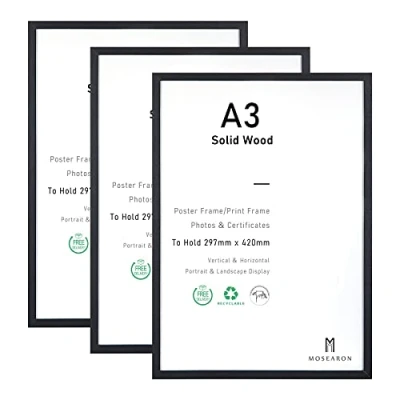 Afbeelding van Certificaat fotolijst, zwarte houten A3 posterlijst met plexi glass voor muurbevestiging, set van 3 stuks, 29,7 x 42 cm