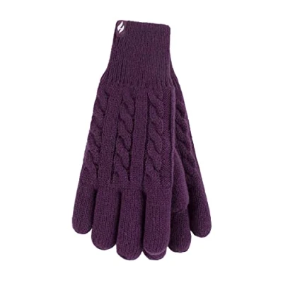 Afbeelding van HEAT HOLDERS Dames schattige gestreepte fairisle warme gebreide fleece gevoerde winter thermische handschoenen, Paars, M/L