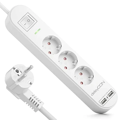 Afbeelding van deleyCON Verlengdozen 1,5m Stopcontactstrip met 3 Vakken &amp; USB 3x Beschermende Contactdozen 2x A Laadcontactdoos voor bijv. Smartphone Tablet Overspanningsbeveiliging AAN/UIT Schakelaar Wit