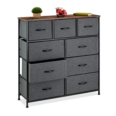 Afbeelding van Relaxdays ladekast, HxBxD 100 x 30 cm, metaal, houtlook, 9 lades van stof, plank, moderne bijzetkast, meerkleurig