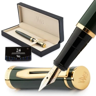 Afbeelding van Wordsworth &amp; Black Vulpenset, 18K vergulde brede penpunt, inclusief 24 stuks inktcartridges, inktnavulconverter en geschenkdoos, gouden afwerking, kalligrafie, [Racing Green], perfect voor mannen
