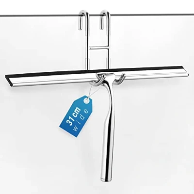Afbeelding van ecooe Badkamerwisser van Roestvrijstalen, Douchewisser 31 cm met Haak Zonder Boren, Douchetrekkers 2 Siliconen Reservelips, Raamwisser Voor Badkamer, Spiegel, Glasreiniging, Tegel