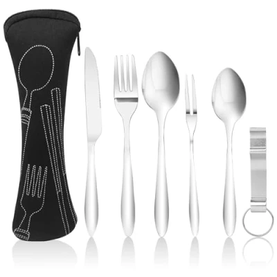 Afbeelding van Fousenuk Bestekset van 6 stuks, roestvrij staal met lepel, mes, vork, flesopener, bestekzak, gepolijst campingbestek, draagbaar bestek voor reizen, camping, picknick, outdoor