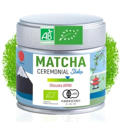Afbeelding van ORIGEENS BIO Matcha THEE CEREMONIAL GRADE &quot;SHIKA&quot; Biologische Japanse thee, Shizuoka oorsprong Latte, Usucha Metalen doos, sahet 30gr